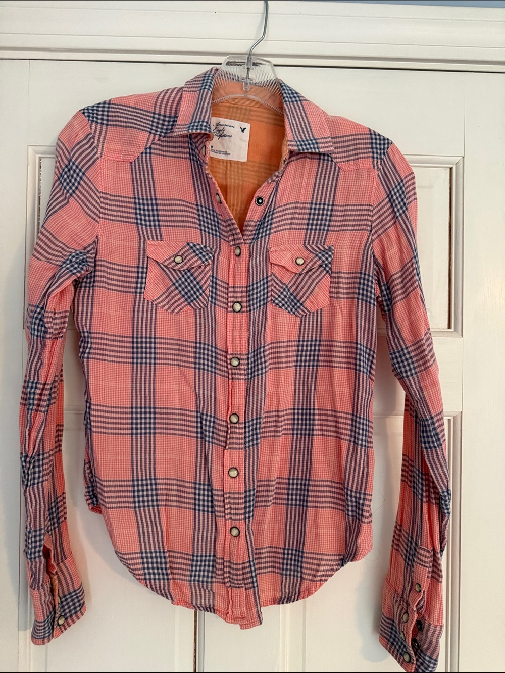 American Eagle Peach and Navy Plaid Snap-Up Shirt